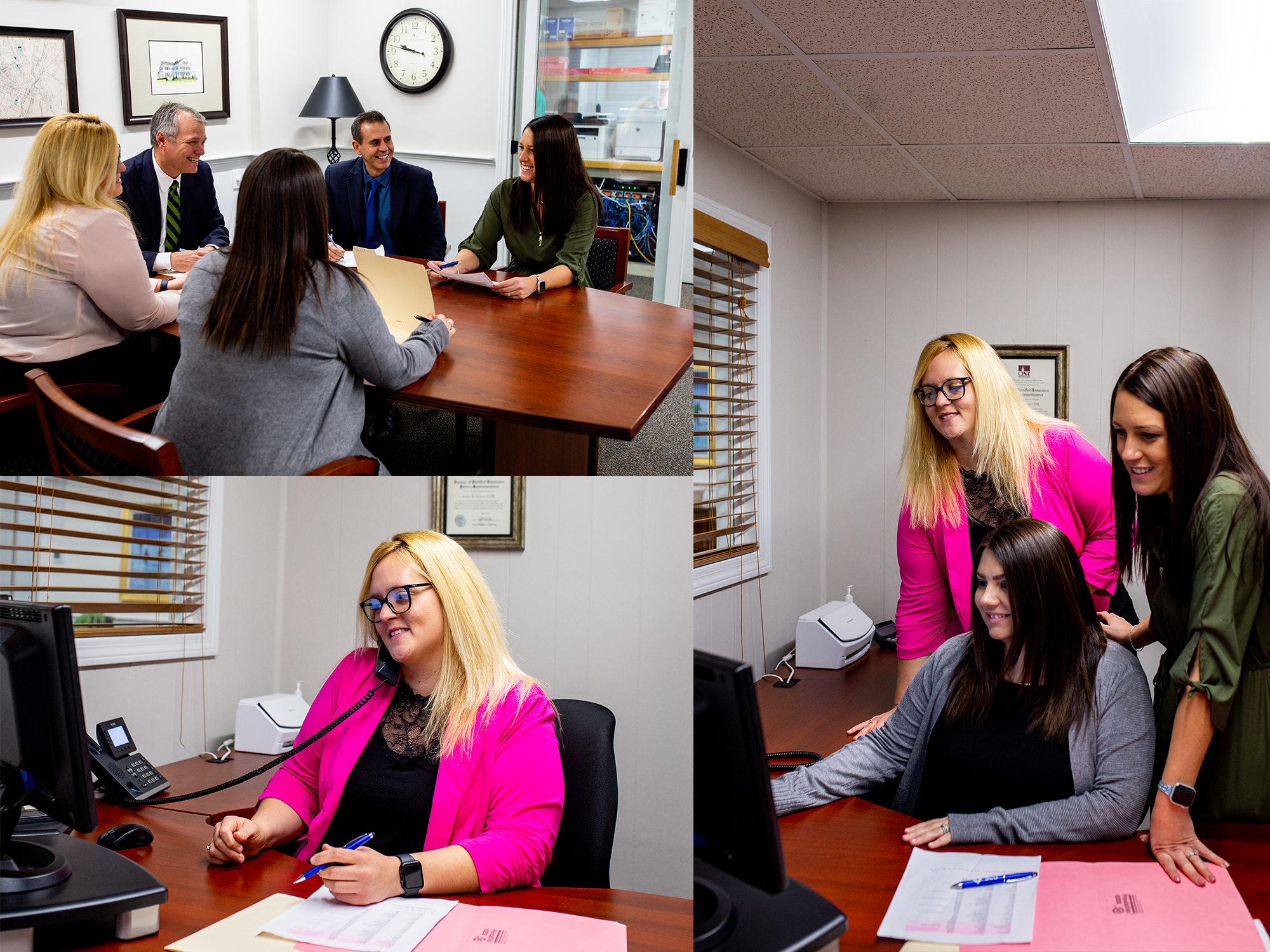 Collage of pictures of employees sitting around a desk, on the phone and looking at a computer screen